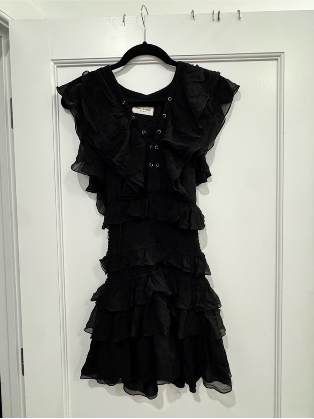 Saint Laurent Black Ruffled Lace-Up Mini Dress